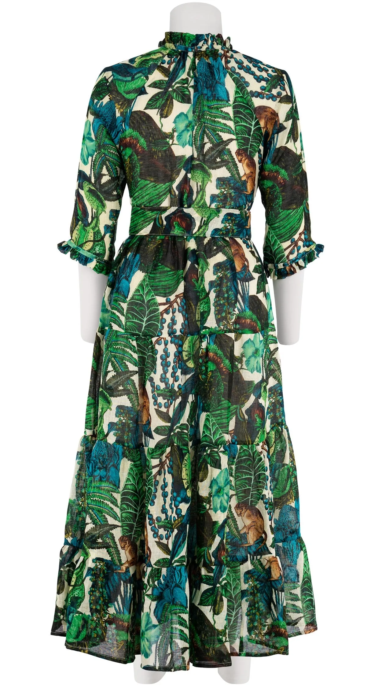 Eden Dress Crew Neck 3/4 Sleeve with Hamilton Belt Midi Plus Length Linen (Dreamy Jungle)