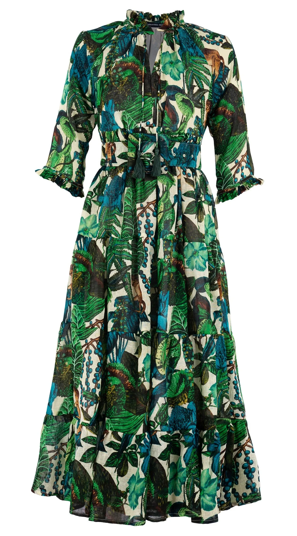 Eden Dress Crew Neck 3/4 Sleeve with Hamilton Belt Midi Plus Length Linen (Dreamy Jungle)