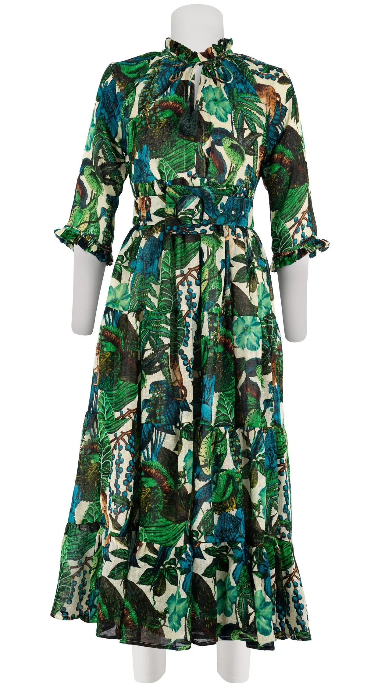 Eden Dress Crew Neck 3/4 Sleeve with Hamilton Belt Midi Plus Length Linen (Dreamy Jungle)