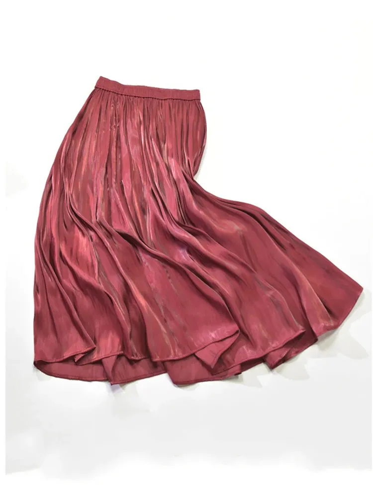 Elegant Solid Midi Pleated Skirt Women Korean High Waist Spring Summer Ladies Satin Maxi Skirt Female Faldas Saia  B-032