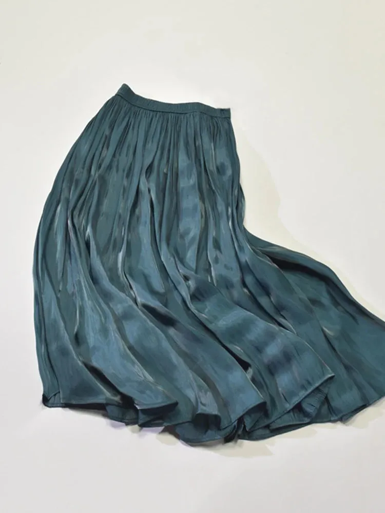 Elegant Solid Midi Pleated Skirt Women Korean High Waist Spring Summer Ladies Satin Maxi Skirt Female Faldas Saia  B-032