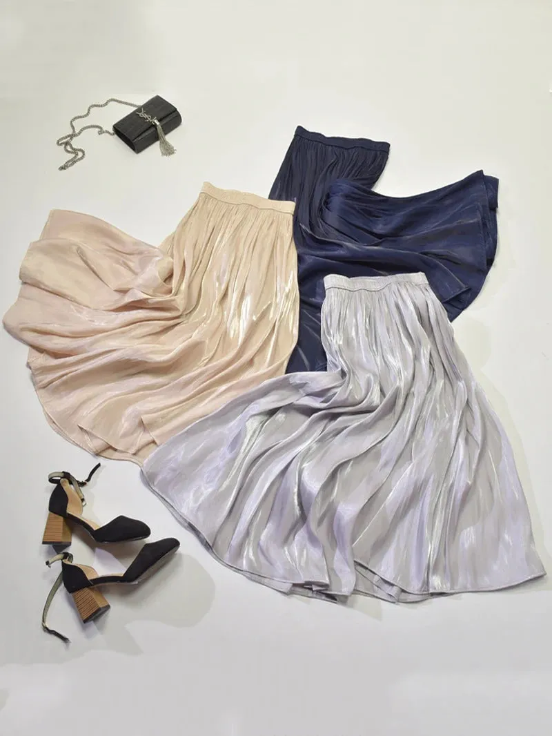 Elegant Solid Midi Pleated Skirt Women Korean High Waist Spring Summer Ladies Satin Maxi Skirt Female Faldas Saia  B-032