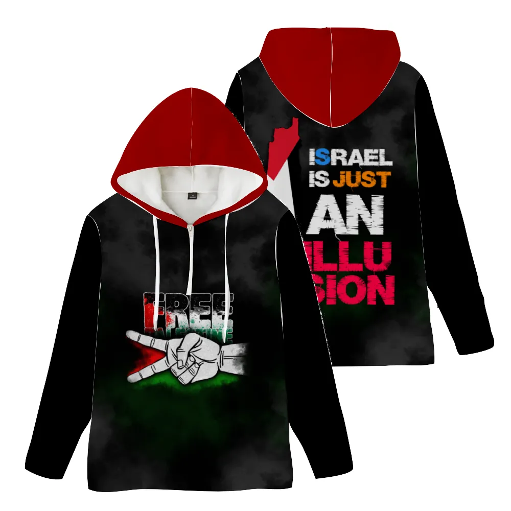 Free Palestine Unisex Hoodies Novelty with Zipper - Black