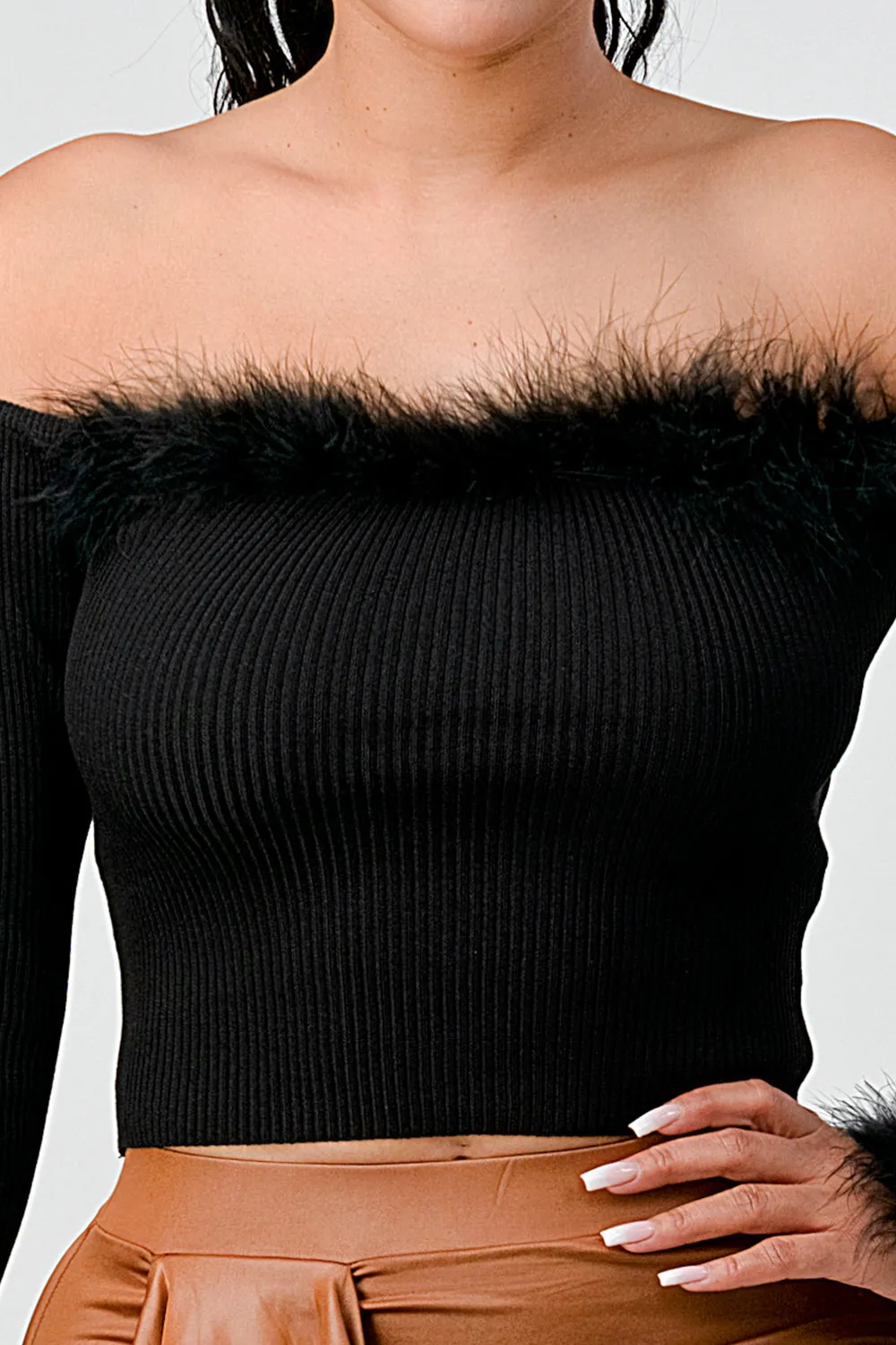 FUR RIB SWEATER KNIT OFF SHOULDER CROP TOP