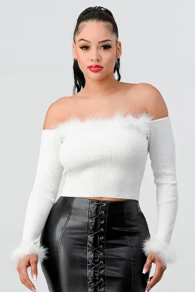 FUR RIB SWEATER KNIT OFF SHOULDER CROP TOP