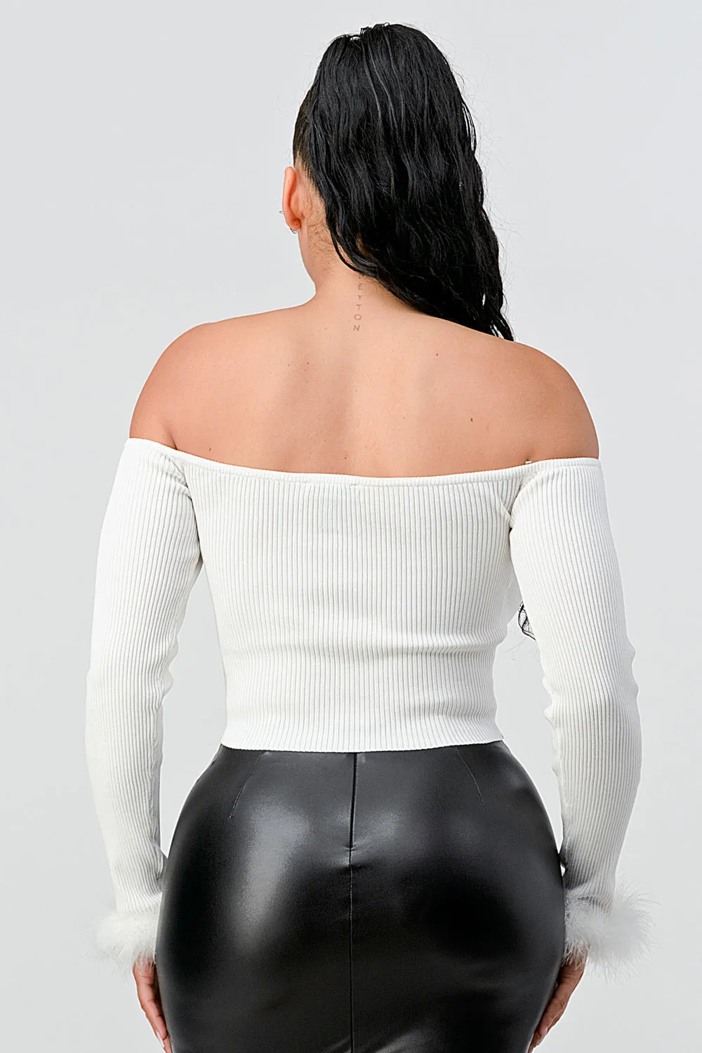 FUR RIB SWEATER KNIT OFF SHOULDER CROP TOP