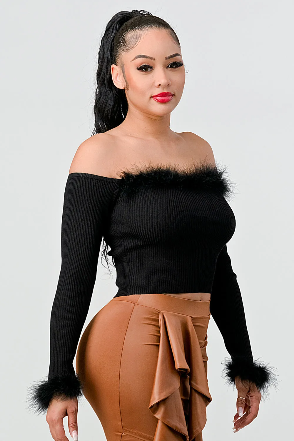 FUR RIB SWEATER KNIT OFF SHOULDER CROP TOP