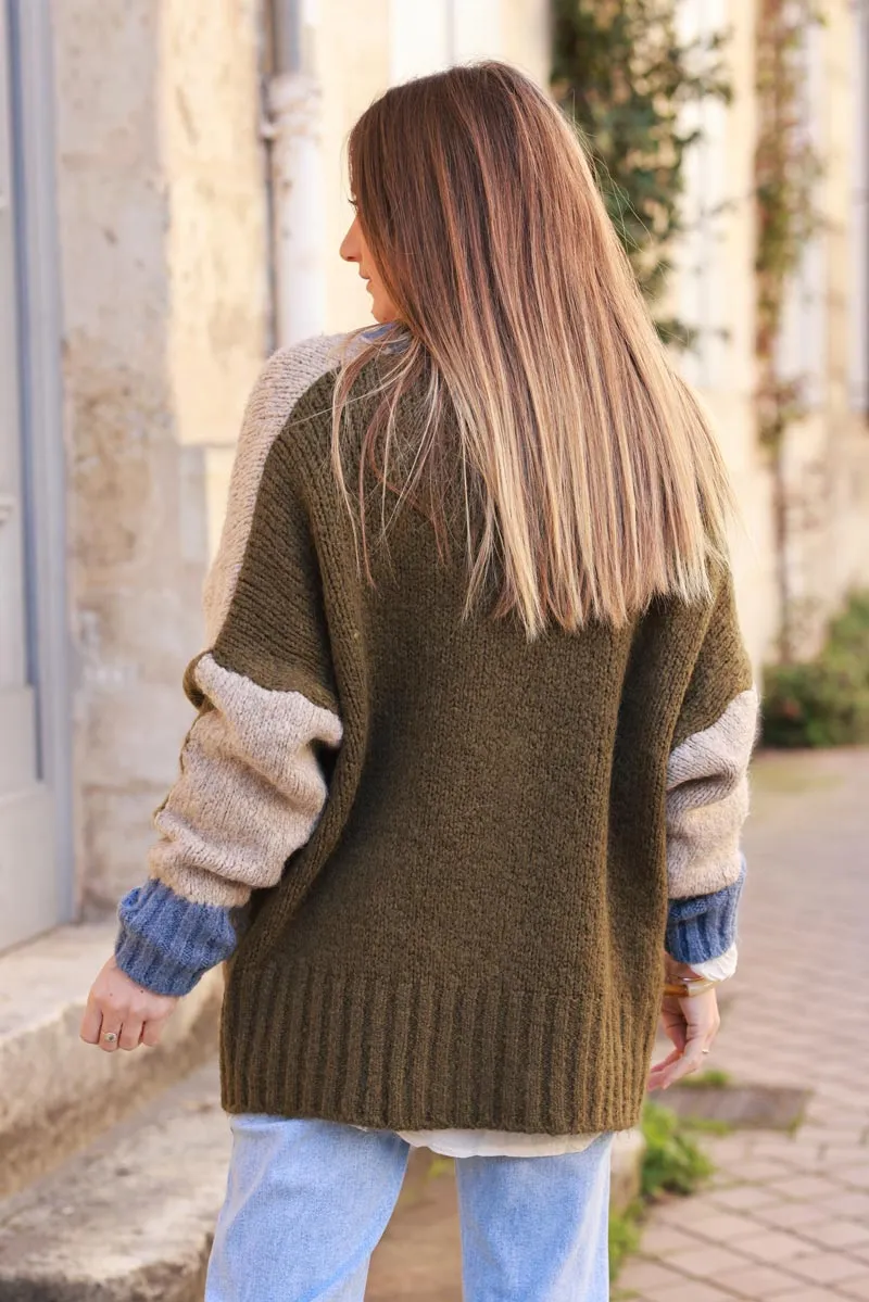 Gilet loose en maille mohair tricolore beige kaki et bleu