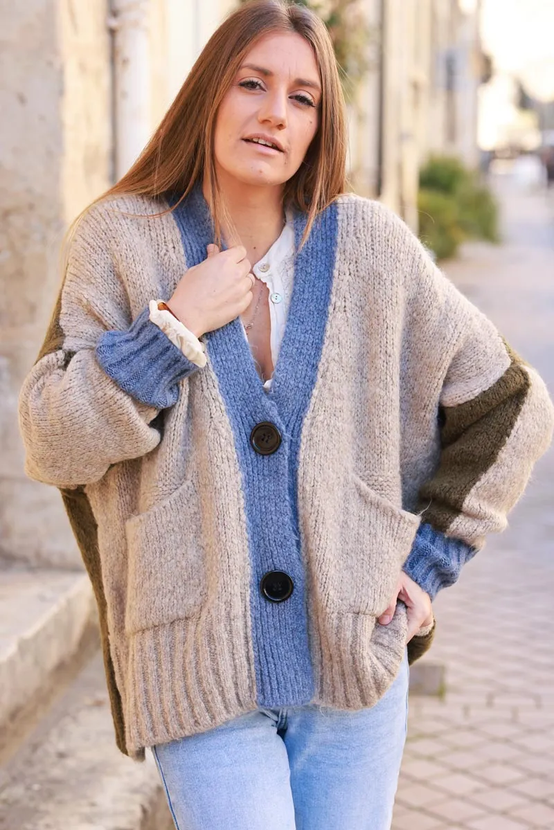 Gilet loose en maille mohair tricolore beige kaki et bleu