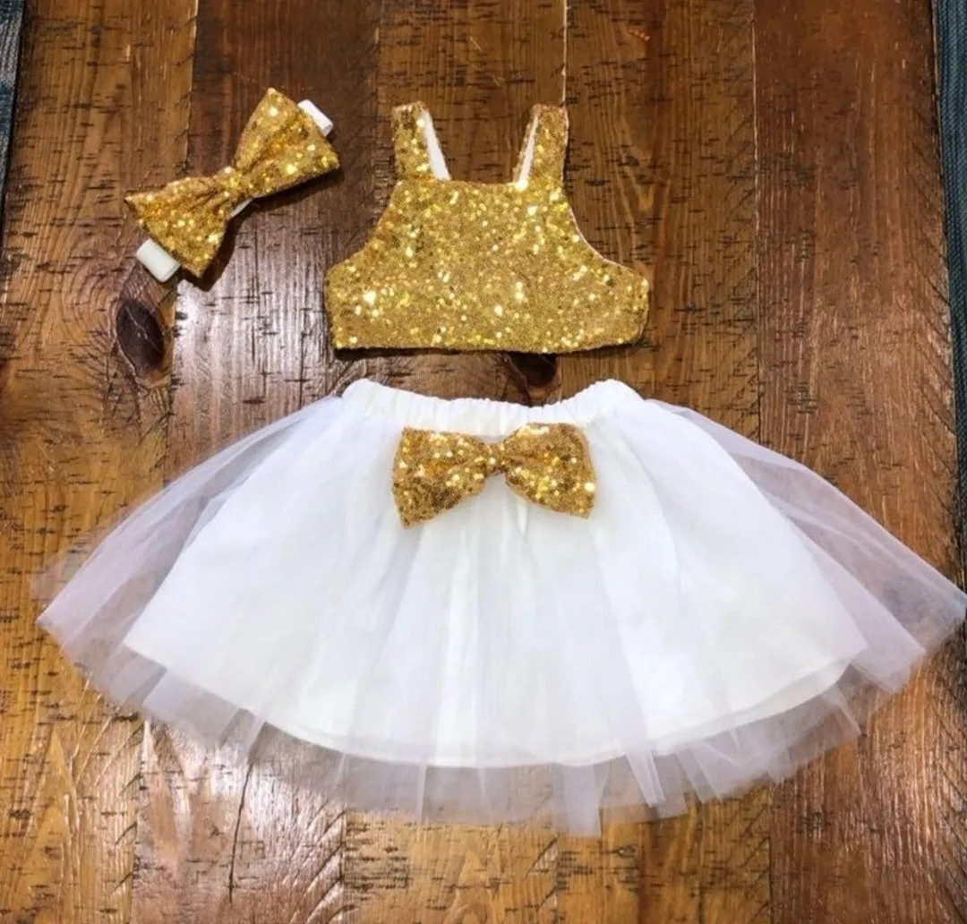 Gold Sequins Crop Top with Tutu and Headband #1000135