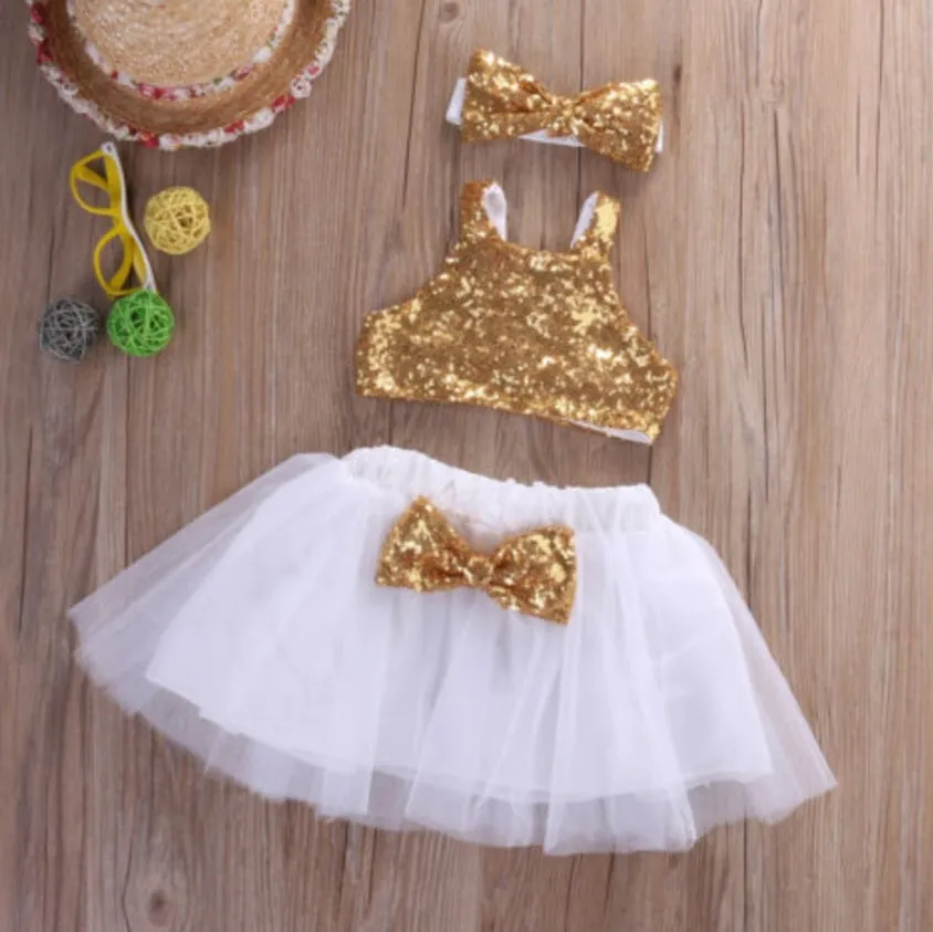 Gold Sequins Crop Top with Tutu and Headband #1000135