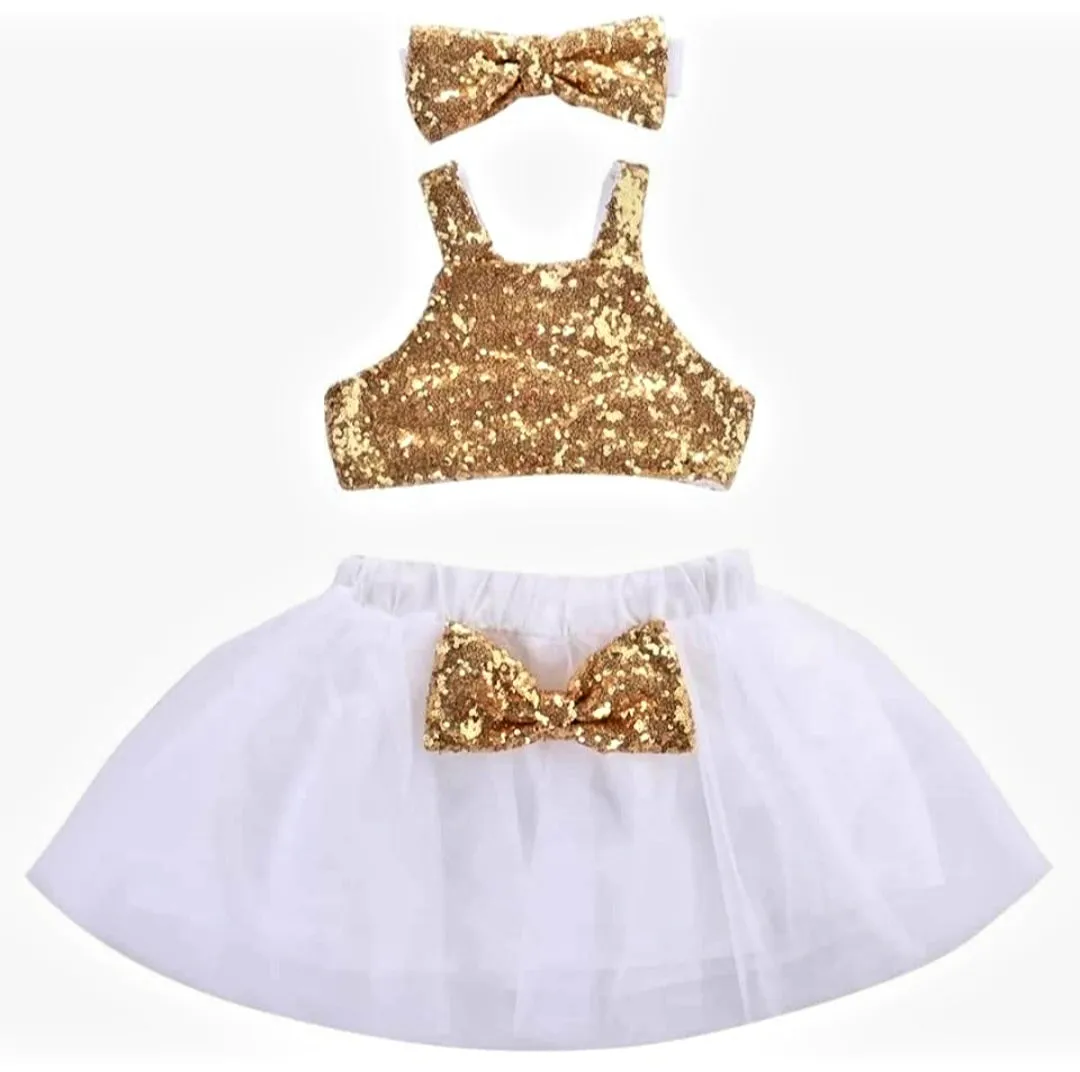 Gold Sequins Crop Top with Tutu and Headband #1000135