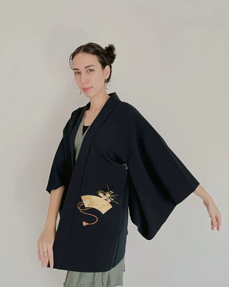 Golden Folding Fan Black Haori Kimono Jacket