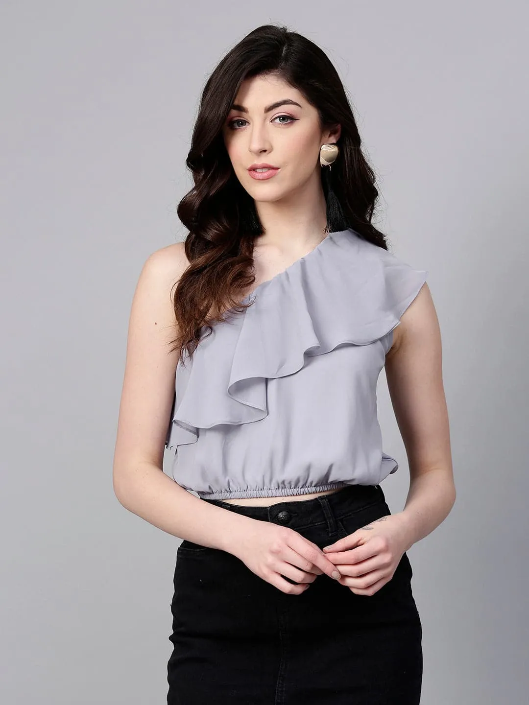 Grey One Shoulder Crop Top