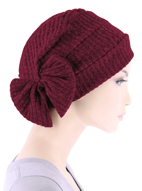 H150-BURGUNDYRIBBED#Winter Cloche Bow Hat Burgundy Ribbed