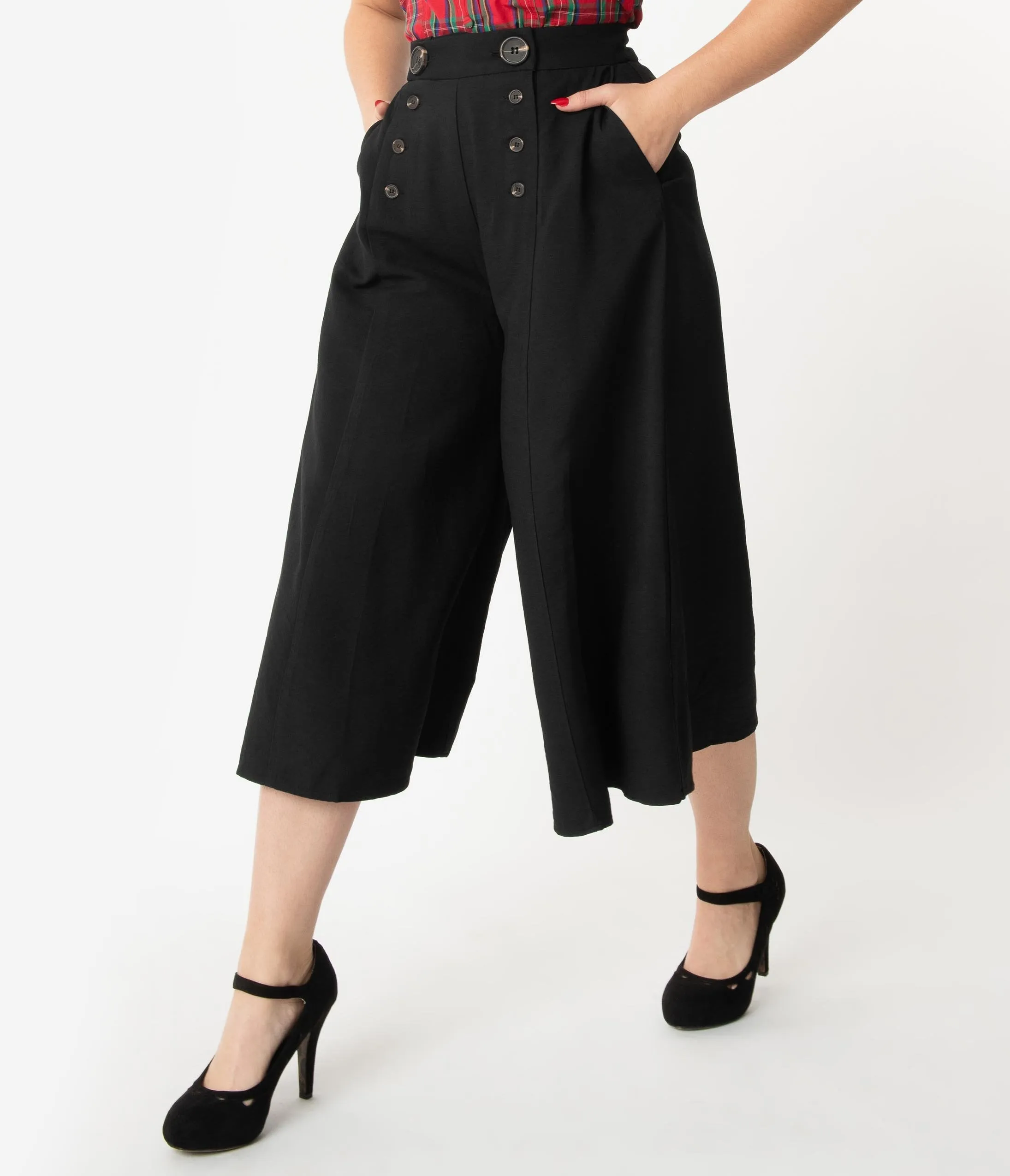 Hell Bunny 1950s Style Black High Waist Nautical Murphy Culottes