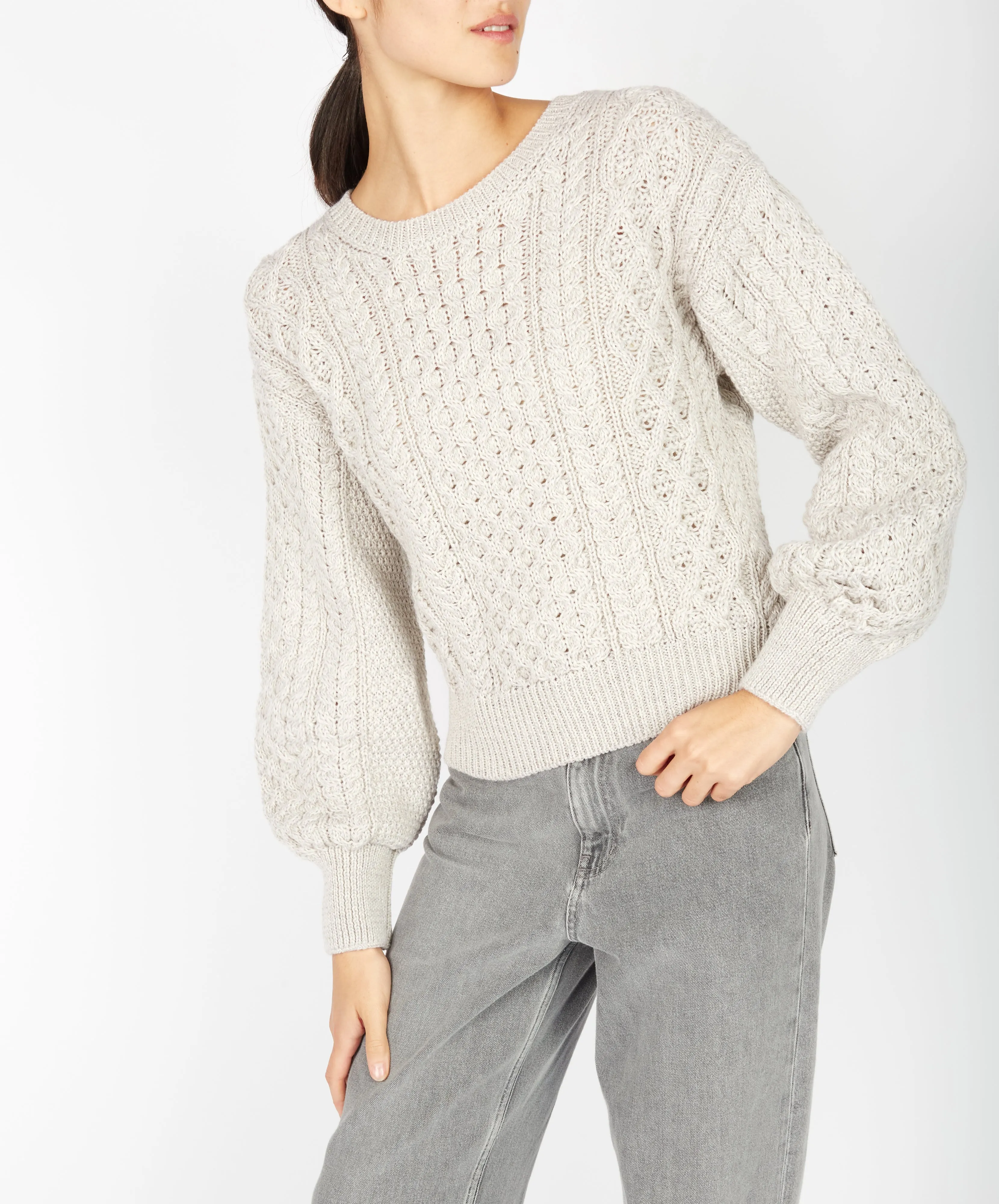 Honeysuckle Cropped Aran Sweater Silver Marl