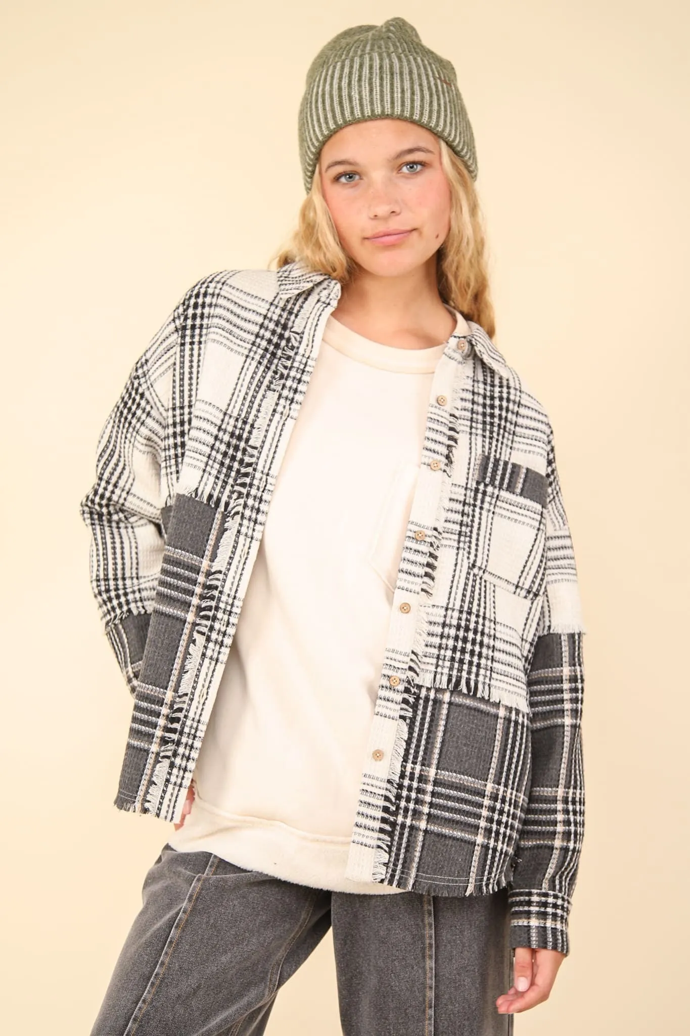 Ivy Mixed Plaid Oversized Casual Shacket Jacket