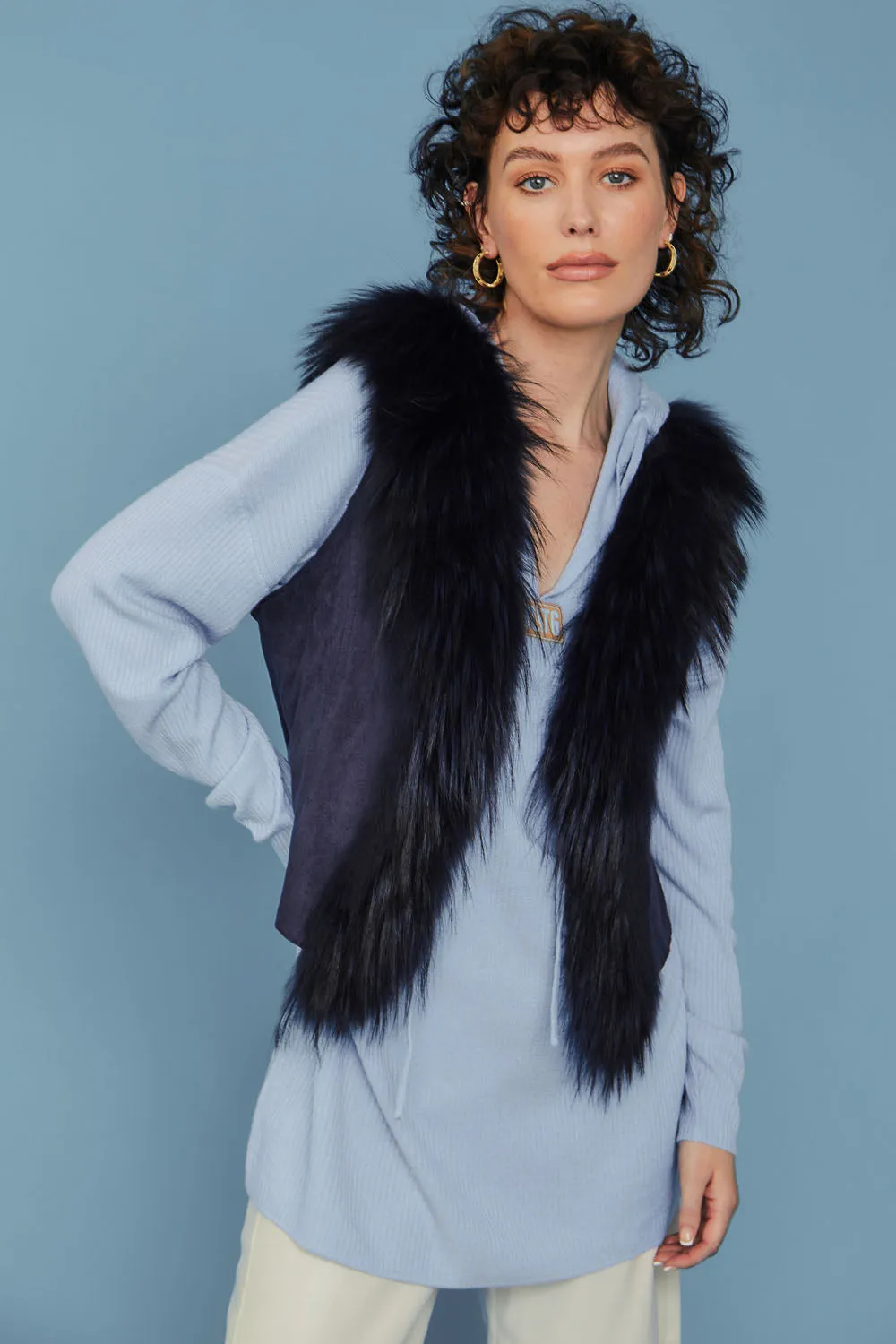 Jayley Fox Fur Faux Suede Gilet - Navy