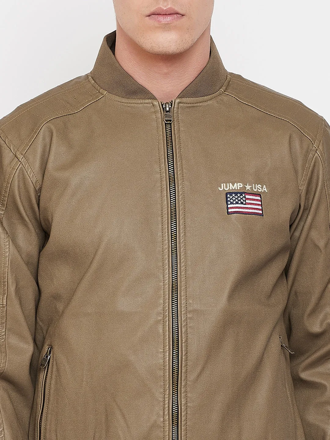 JUMP USA Men Khaki Solid Casual Biker Jacket