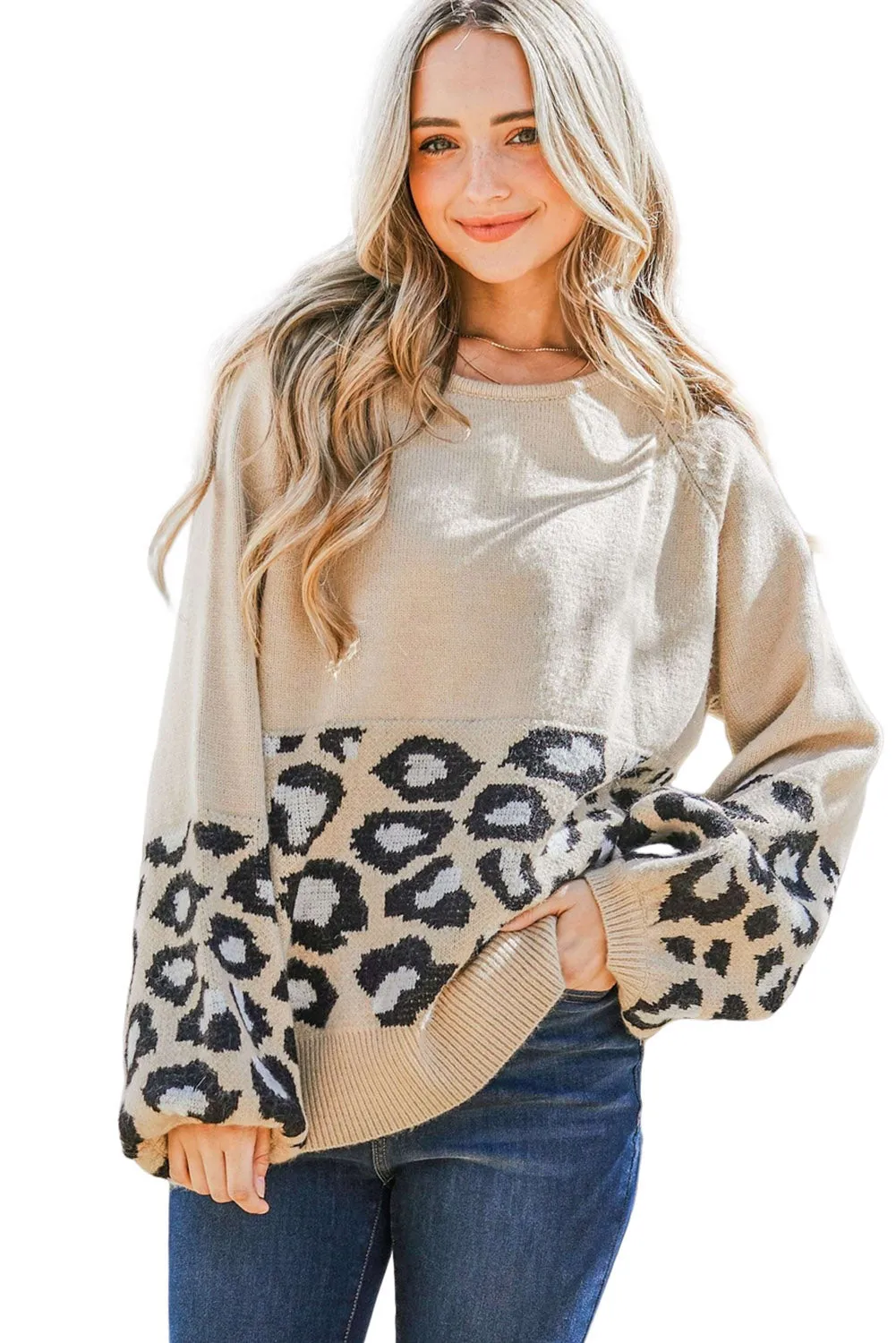 Khaki and Animal Print Color Block Raglan Sleeve Knit Pullover Sweater