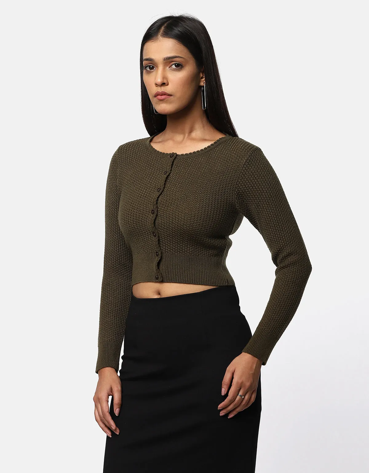 Knitted Women Front Buttons Crop Top