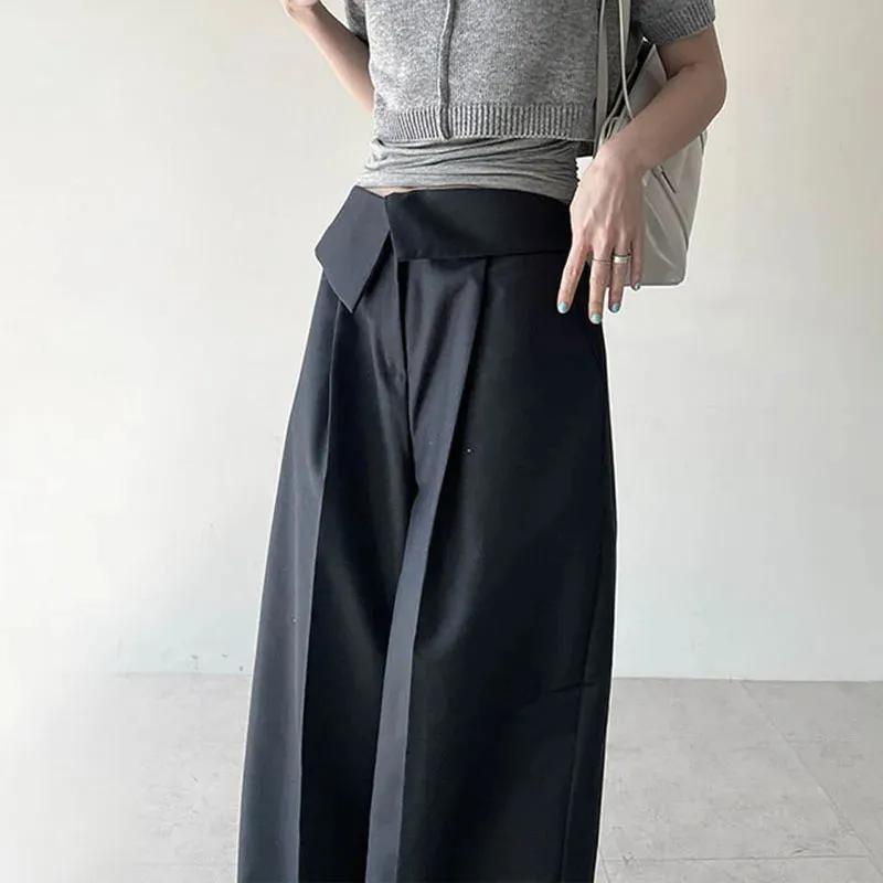 Korean Fashion Straight Suit Pants Solid Basic Harajuku Turn-Down Waist Wide Leg Trousers Folds Baggy Sweatpants 2023