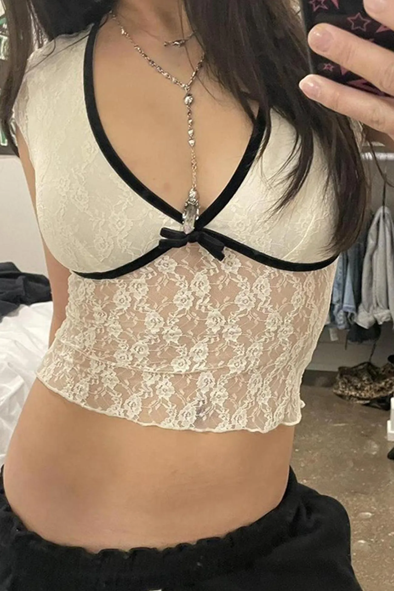 Lace Splicing Bow Crop Top