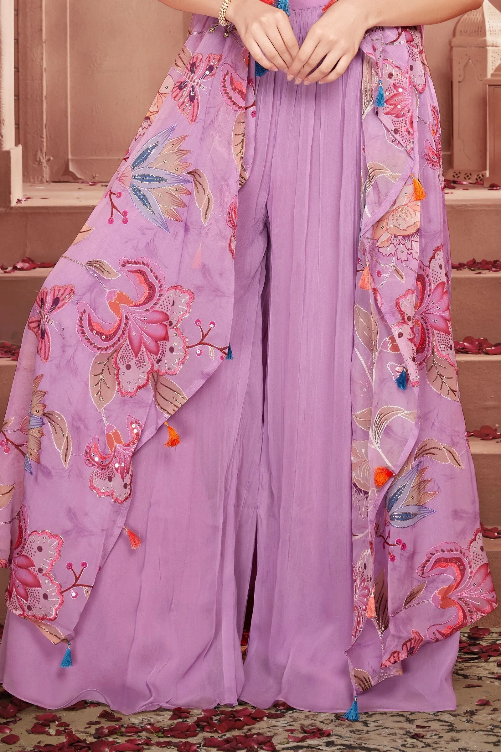 Lavender Beads and Sequins work with Digital Print Overcoat Styled Palazzo Set for Girls