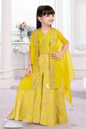 Lemon Yellow Thread, Sequins and Zari work Overcoat Styled Printed Palazzo Set For Girls