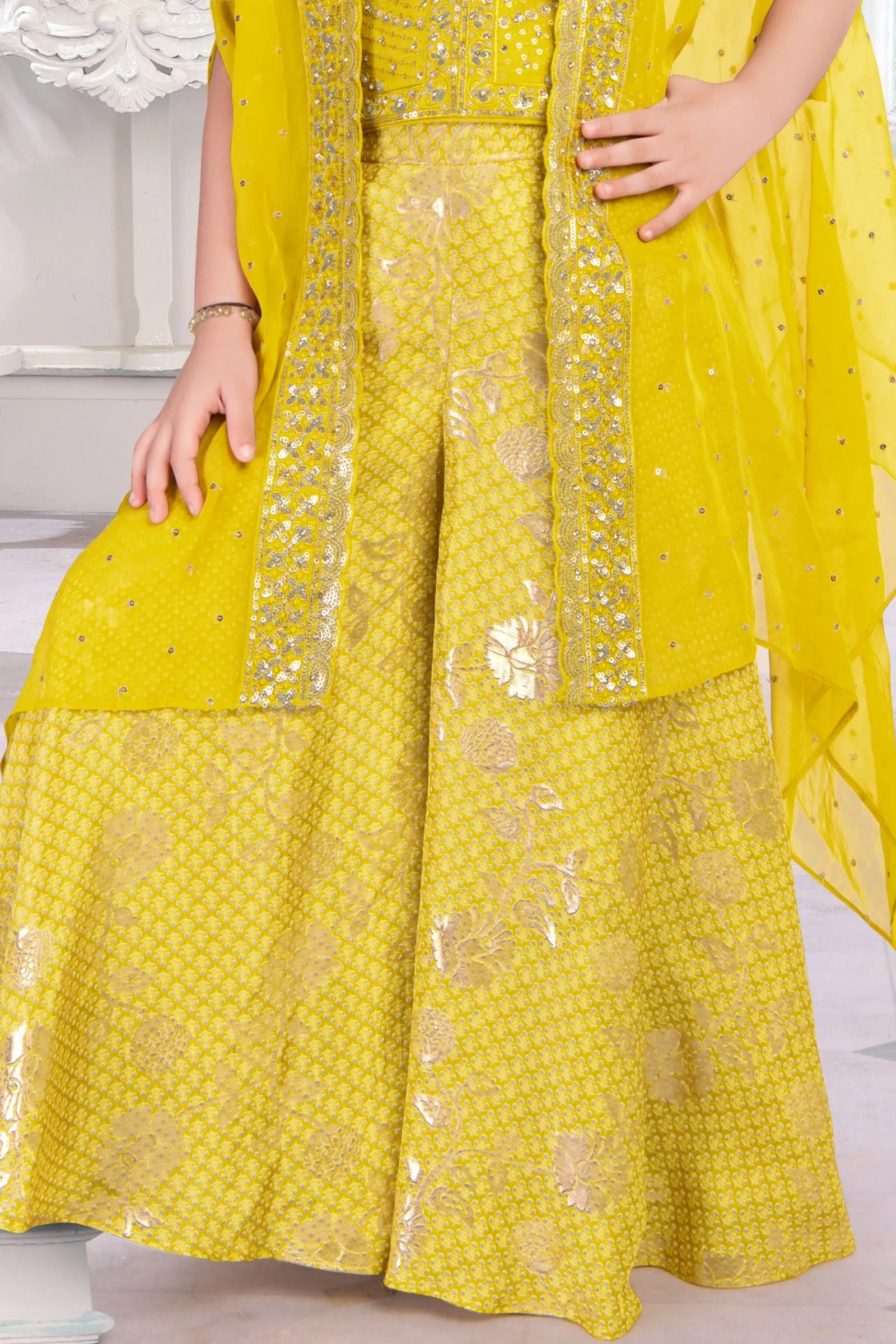 Lemon Yellow Thread, Sequins and Zari work Overcoat Styled Printed Palazzo Set For Girls