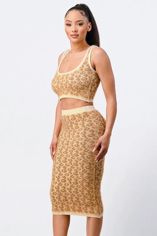 LEOPARD SWEATER CROP TOP AND SKIRT SET