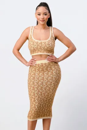 LEOPARD SWEATER CROP TOP AND SKIRT SET