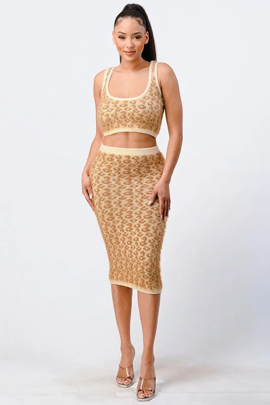 LEOPARD SWEATER CROP TOP AND SKIRT SET