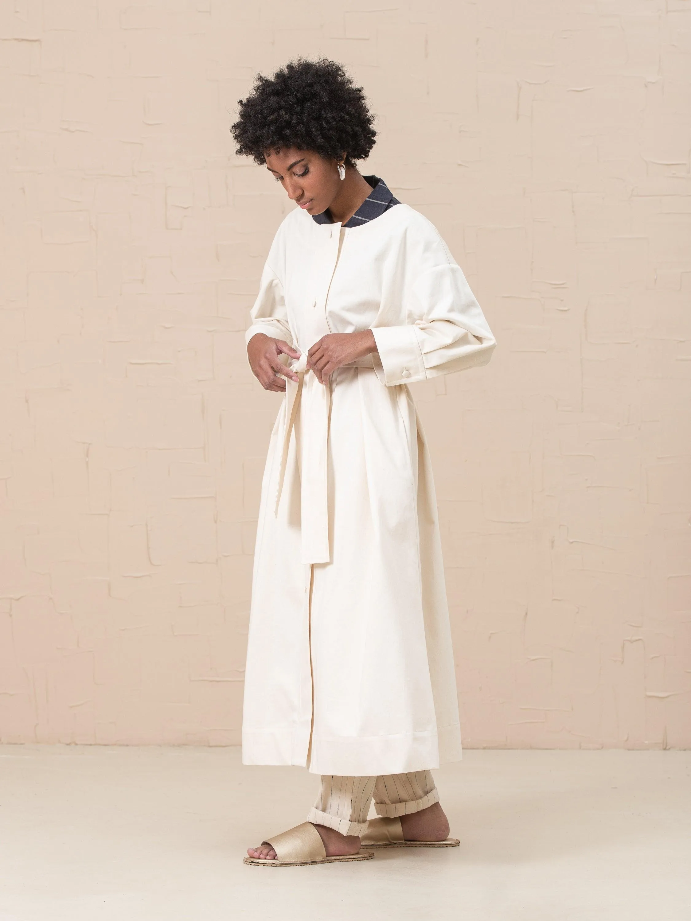 Liza Cotton Quarter Sleeves Dress-Trench Belted