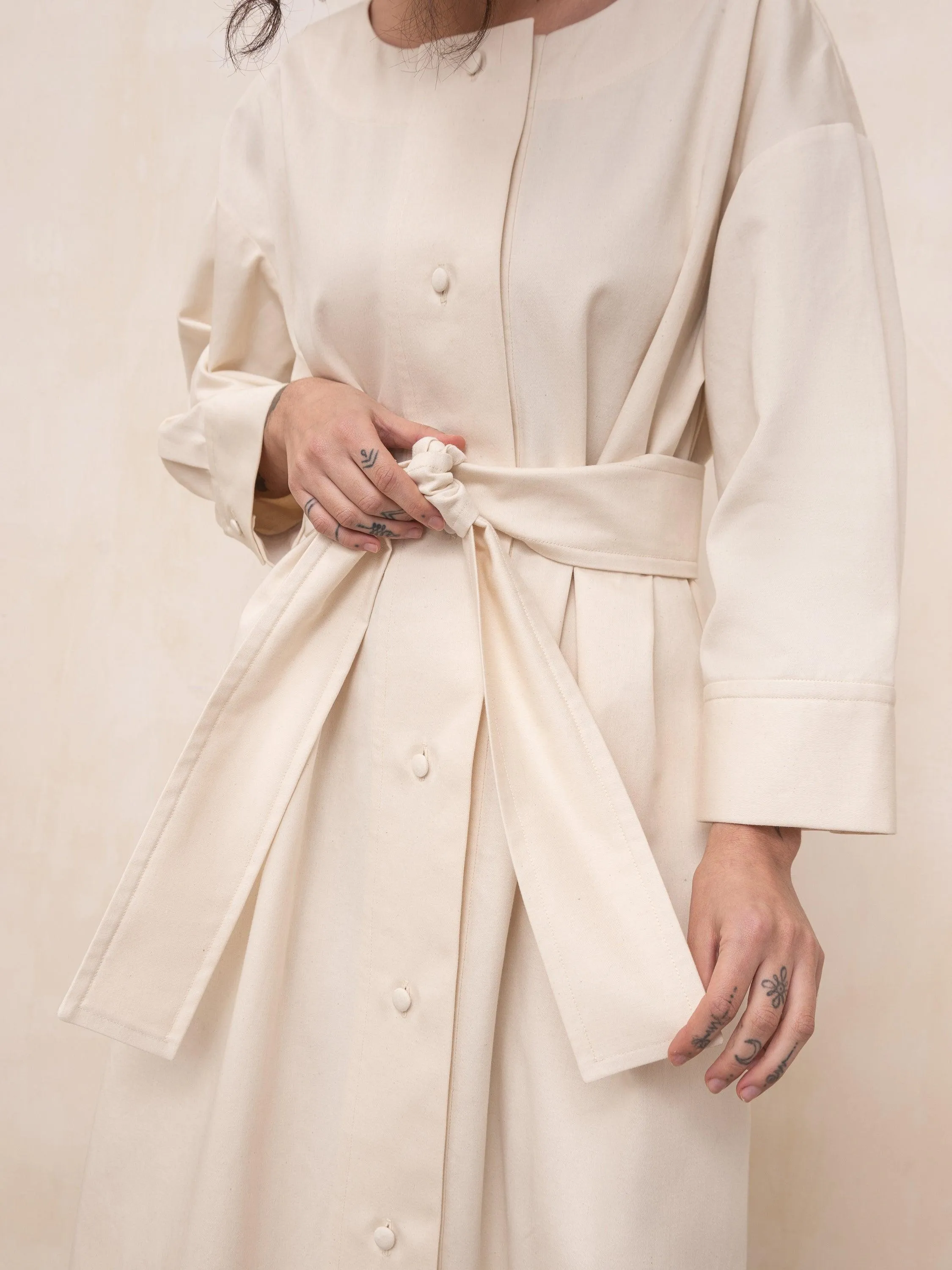 Liza Cotton Quarter Sleeves Dress-Trench Belted