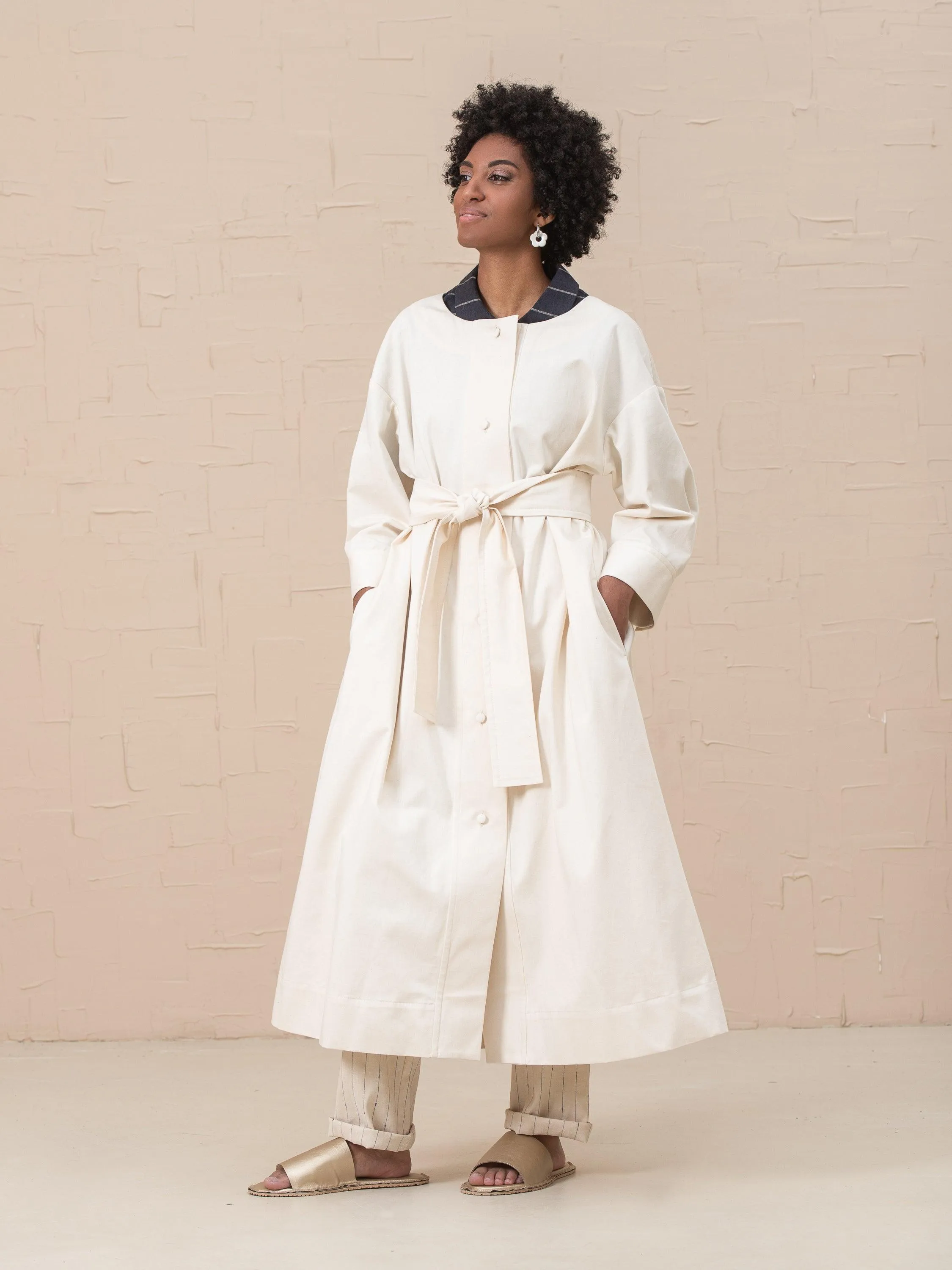 Liza Cotton Quarter Sleeves Dress-Trench Belted