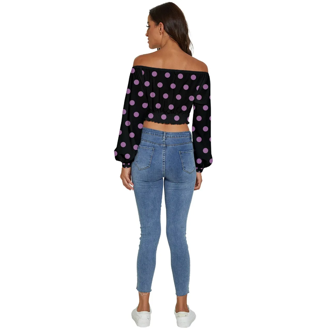 Long Sleeve Crinkled Weave Dots Black Crop Top