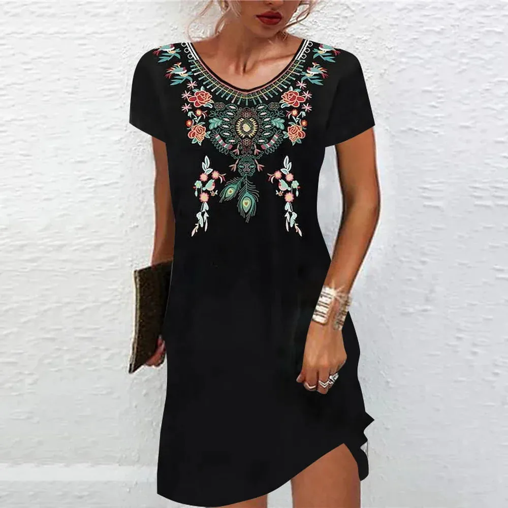 M-3XL Vintage Elegant Ethnic Dress for Women 2023 Summer Loose Bohemian Beach Midi Dress Casual Female Clothing Pullover Skirt