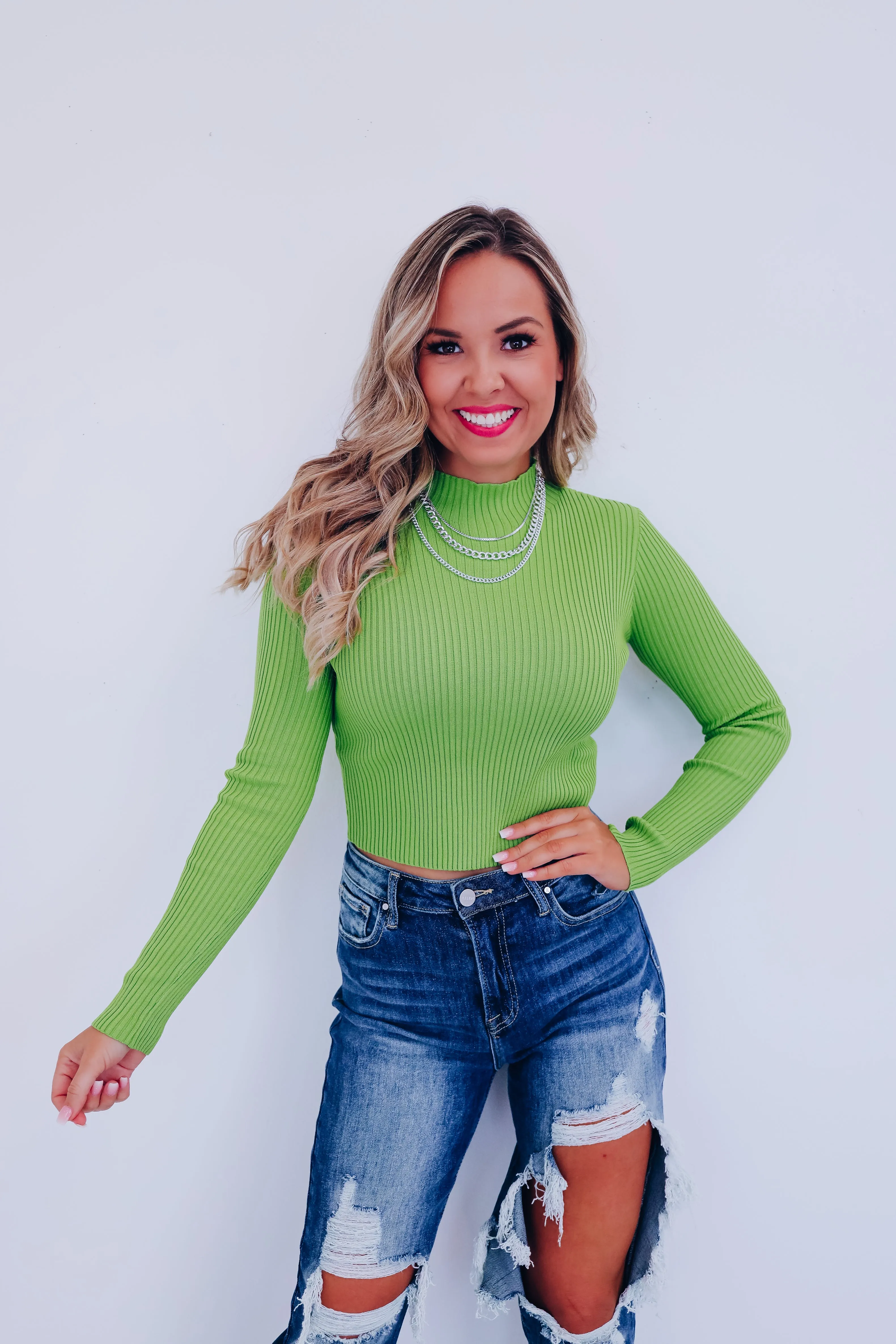 Majestic Mock Neck Crop Sweater - Green