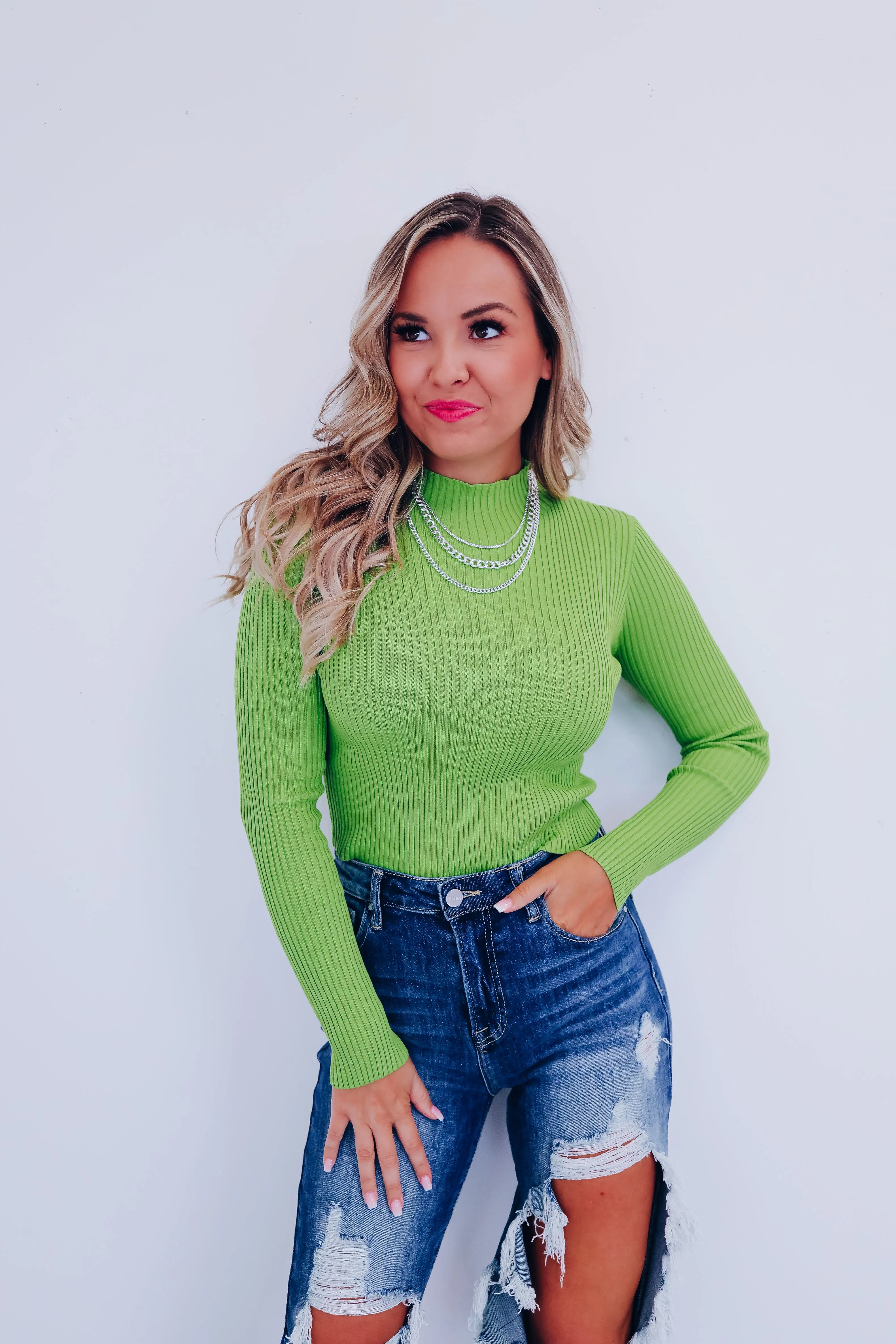 Majestic Mock Neck Crop Sweater - Green