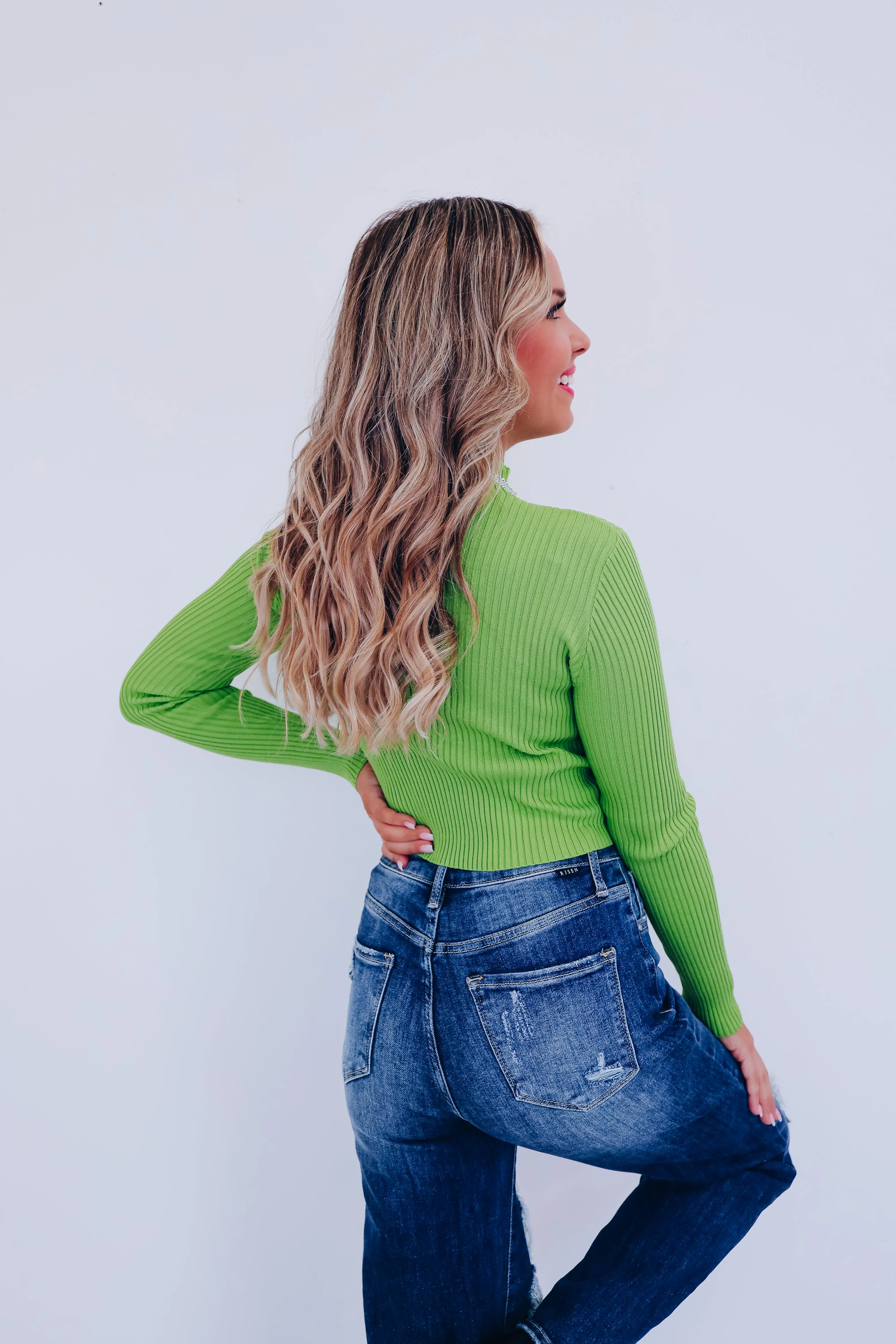 Majestic Mock Neck Crop Sweater - Green