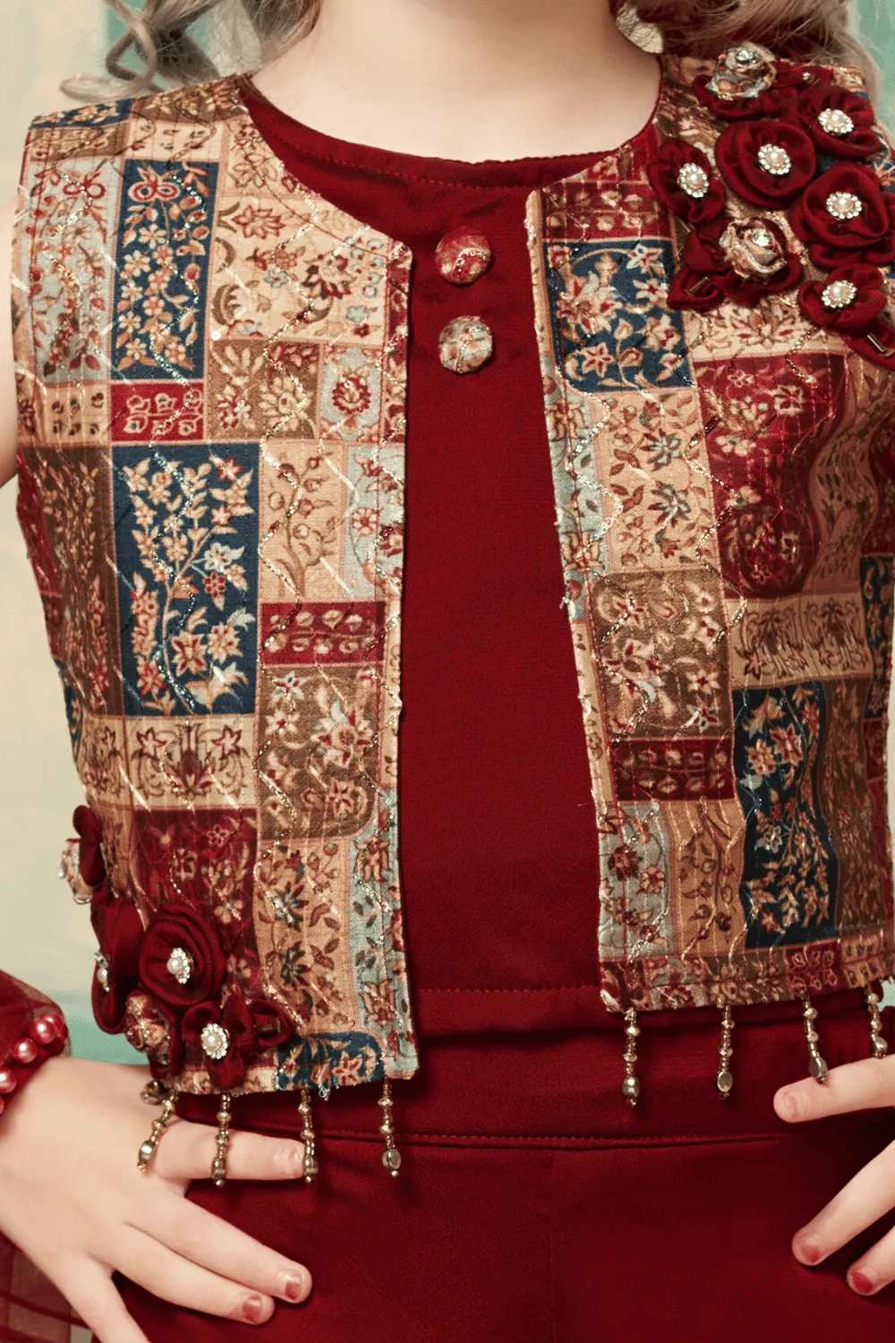 Maroon Zari and Beads work with Digital Print Overcoat Styled Sharara Set For Girls