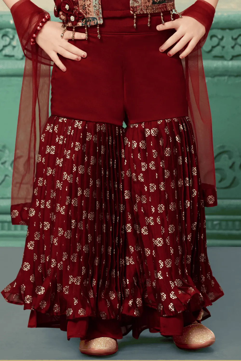 Maroon Zari and Beads work with Digital Print Overcoat Styled Sharara Set For Girls