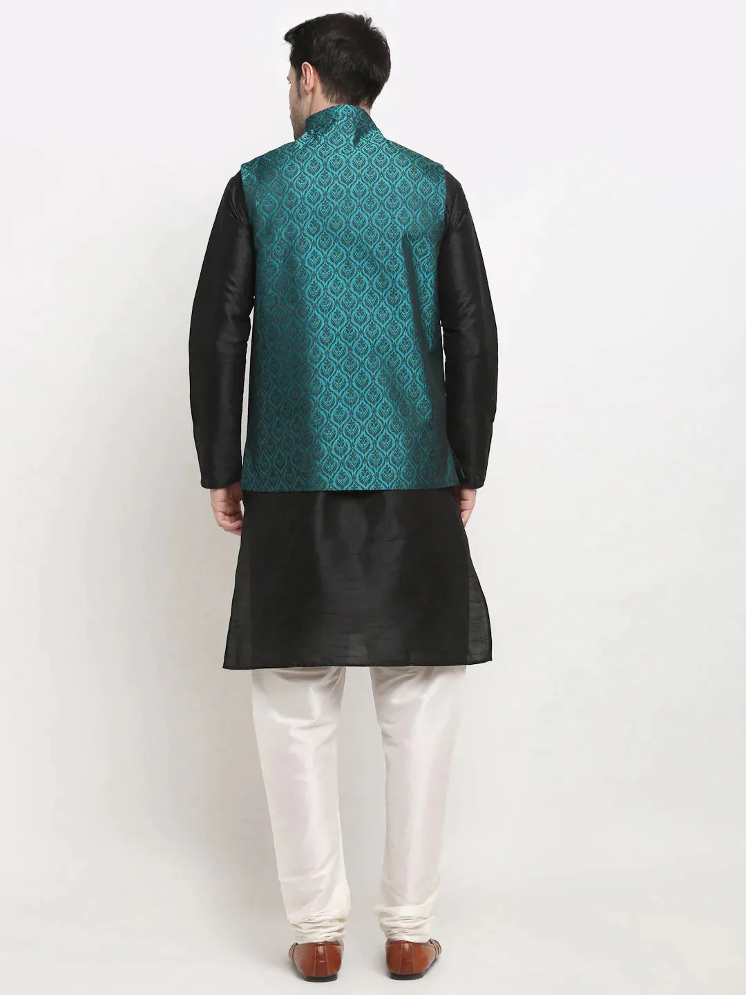 Men'S Black Dupion Silk Kurta With Churidar & Nehru Jacket