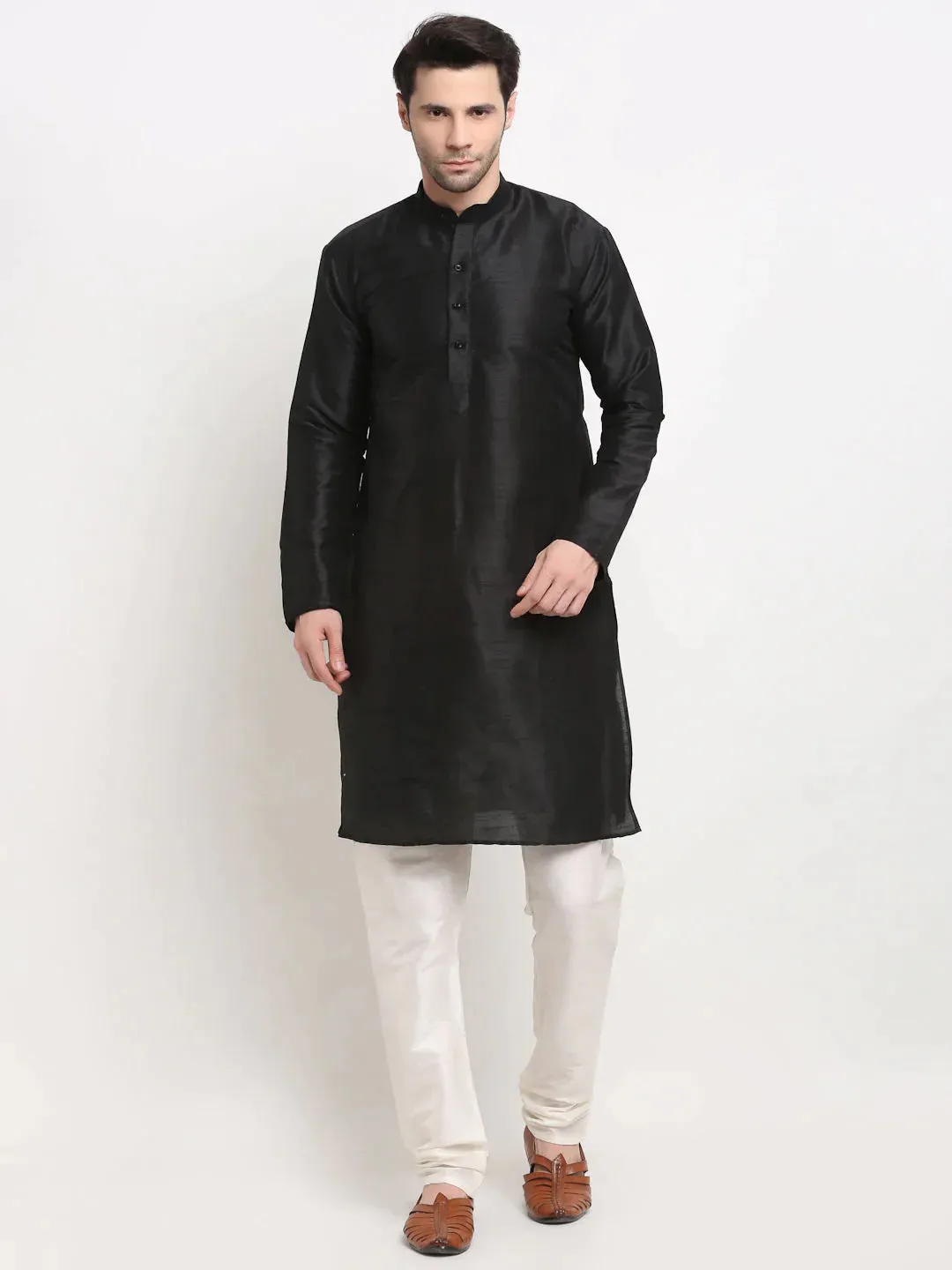 Men'S Black Dupion Silk Kurta With Churidar & Nehru Jacket