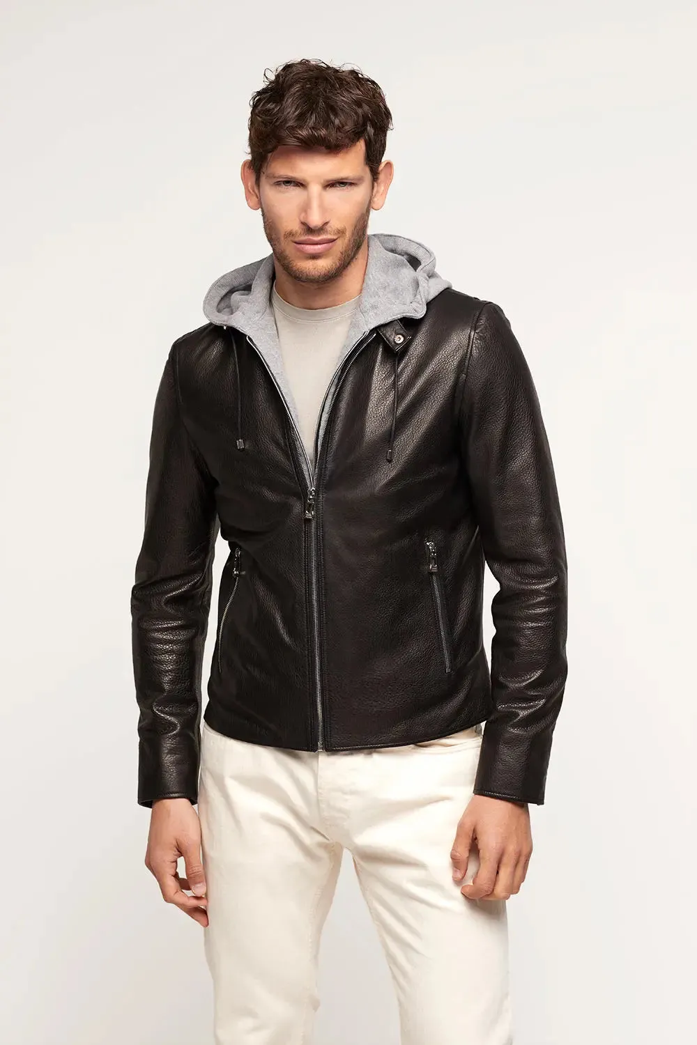 Mens black leather jacket with hood