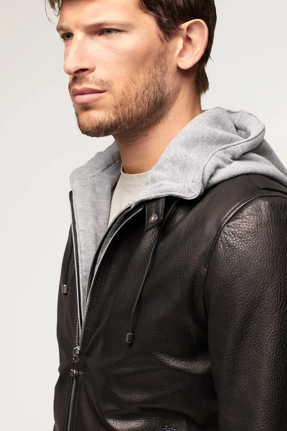 Mens black leather jacket with hood