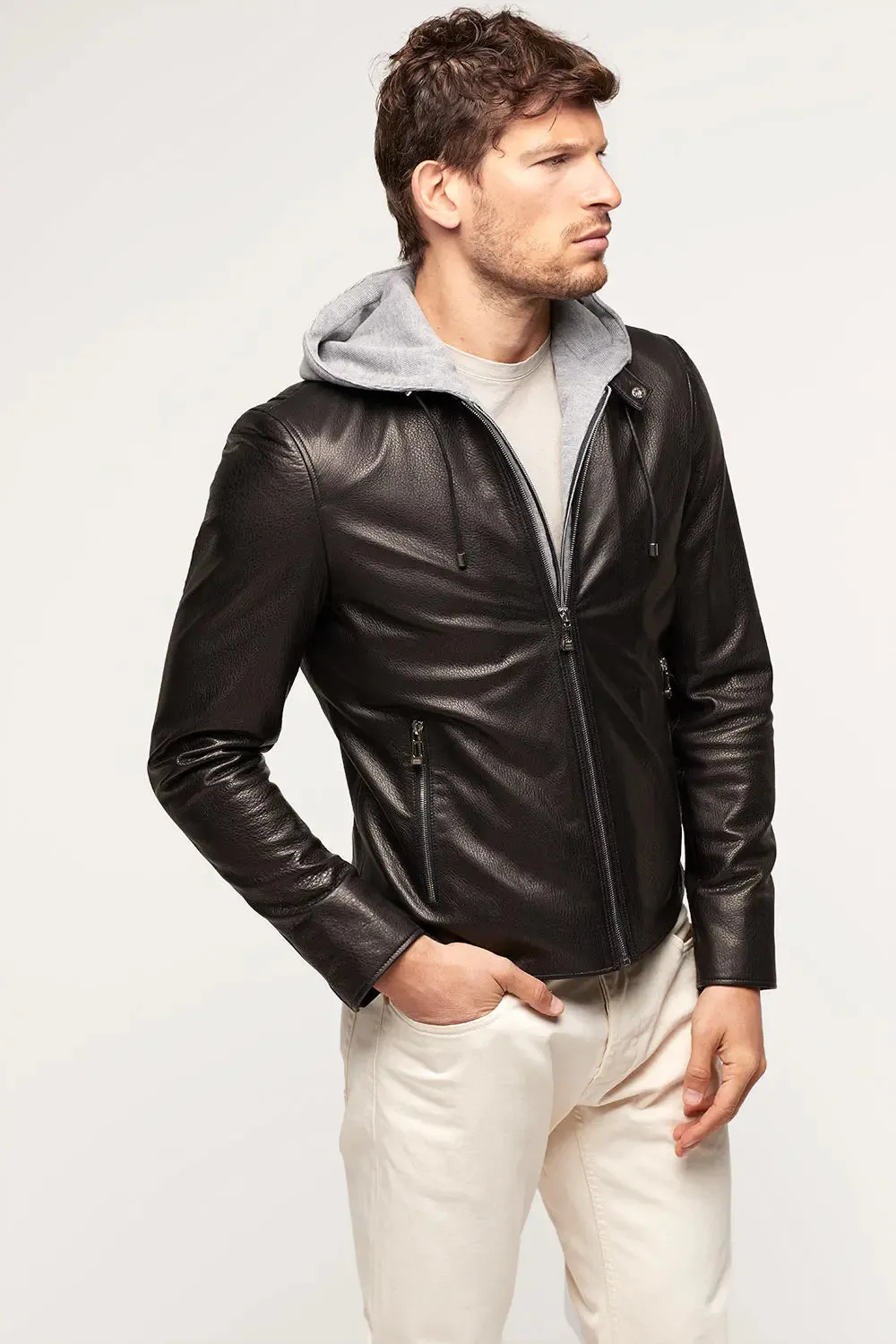 Mens black leather jacket with hood