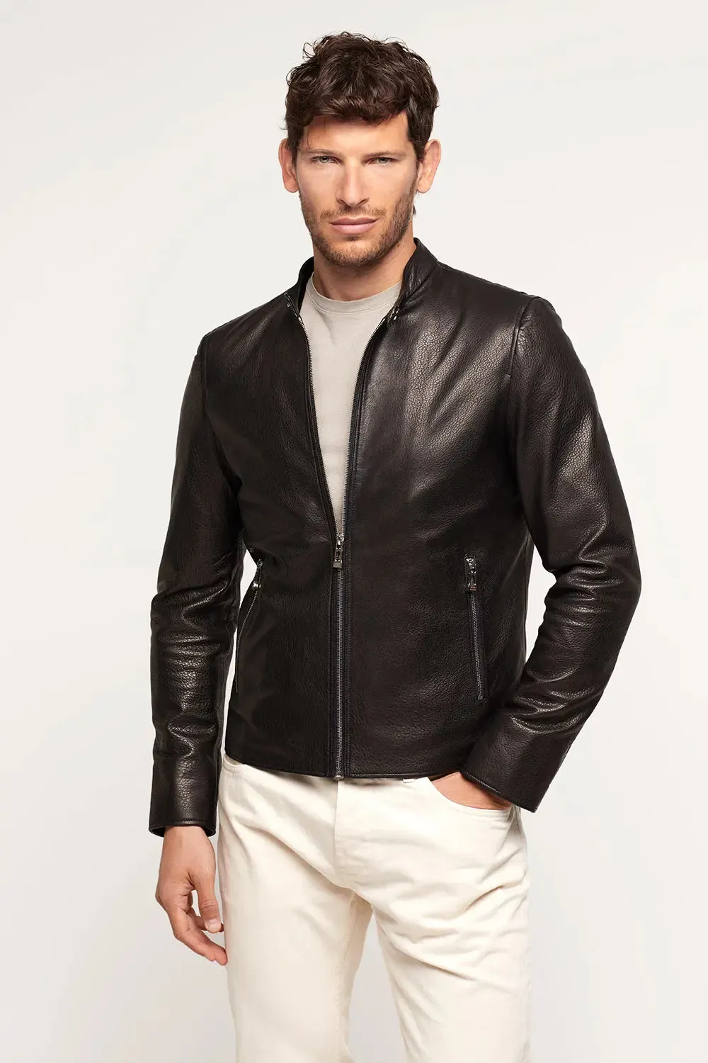 Mens black leather jacket with hood